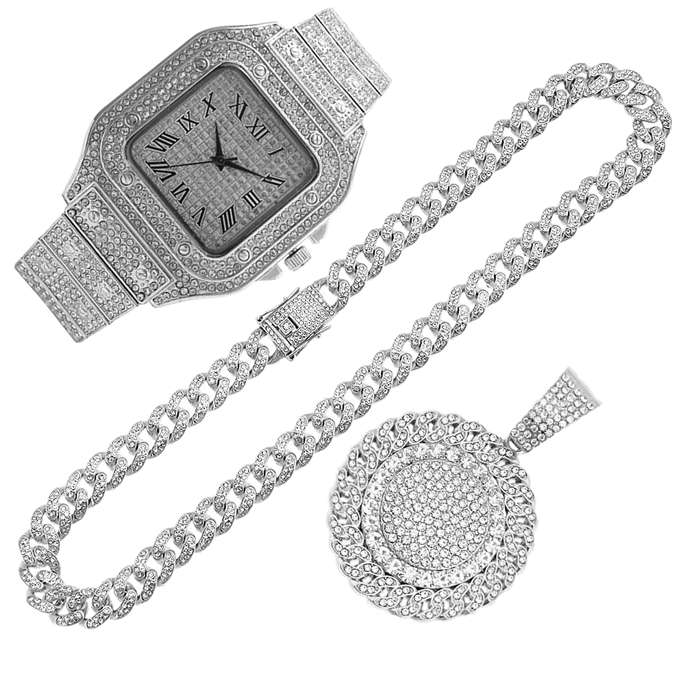 Luxury Watch Miami - 2pcs Iced Out Watch Necklace Pandents