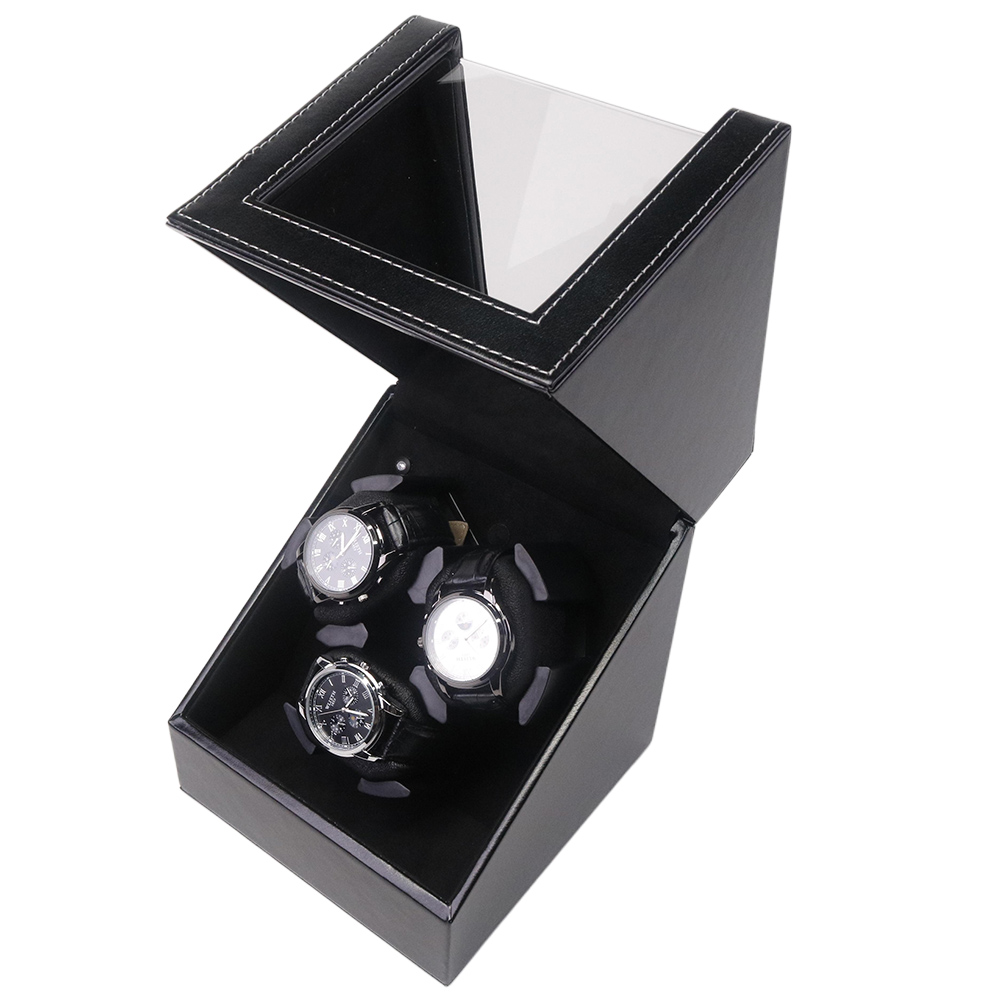 Luxury Watch Winder Box - Black PU Leather 3 Slots Real