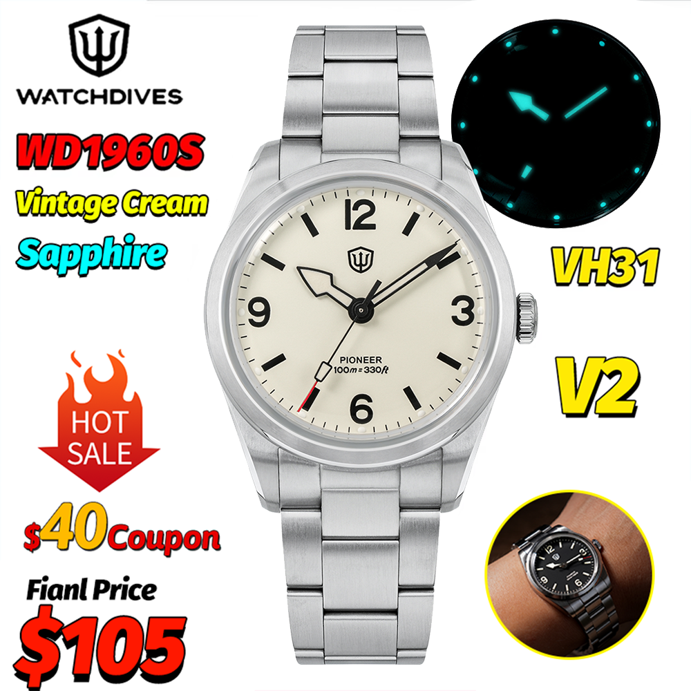 Luxury Watch All Black - Watchdives WD1960S V2 Vintage Cream 36Mm
